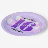 紫グリッター甘い16誕生日バルーンのスクリプト ペーパープレート (アングル)