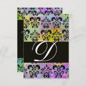 紫グリーンイエローブラックダマスクモノグラムRSVP 出欠カード (正面/裏面)