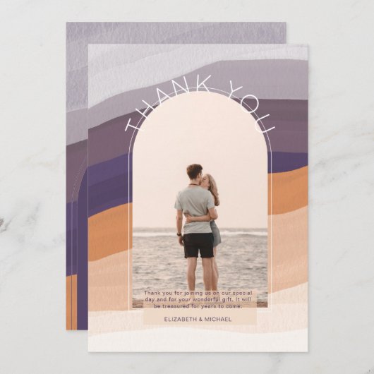 紫コンテンポラリーオレンジストライプの写真ありがとう サンキューカード (正面/裏面)