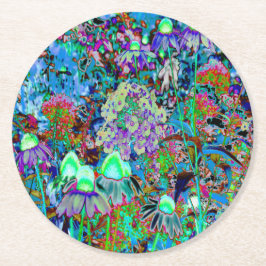 紫サイケデリックとライムグリーンガーデンの花 ラウンドペーパーコースター