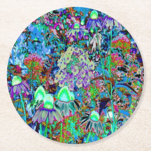 紫サイケデリックとライムグリーンガーデンの花 ラウンドペーパーコースター (正面)