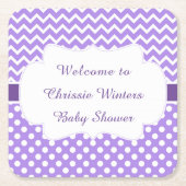 紫シェブロン&ホワイト水玉模様ベビーシャワー スクエアペーパーコースター (正面)