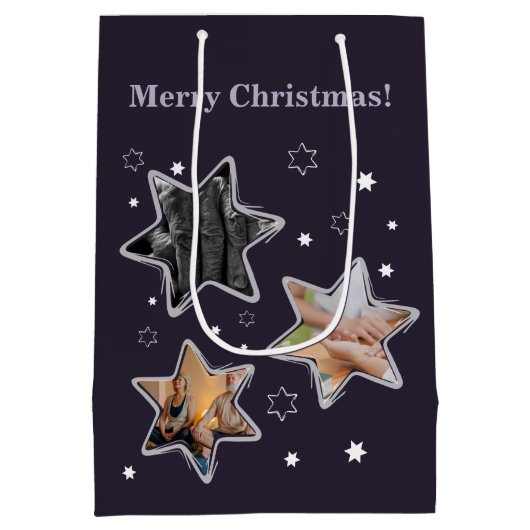 紫シニアフォトカスタムスタークリスマスメディア ミディアムペーパーバッグ (裏面)