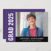 紫シンプルの白黒スクリプト写真卒業 案内状 (正面/裏面)