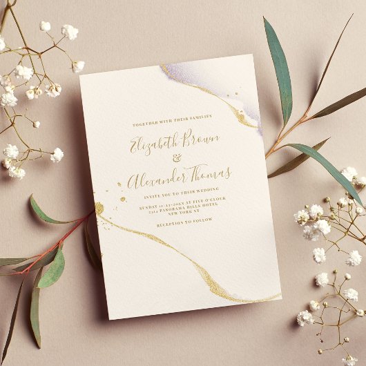 紫シンプル水彩及び金ゴールドグリッター結婚ズ 招待状