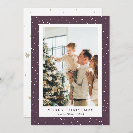 紫シンプル雪フォトメリークリスマスカード シーズンカード (正面/裏面)