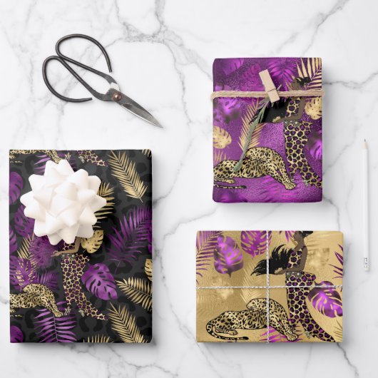 紫スタイリッシュと金ゴールドのヒョウと女性のサファリ ラッピングペーパーシート (正面)