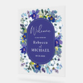 紫スタイリッシュの埃の多い青フローラ結婚の歓迎 アクリルサイン (傾斜)