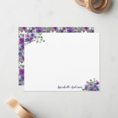 紫スタイリッシュエレガントのフローラ水色スクリプト ノートカード (正面/裏面インサイチュ)