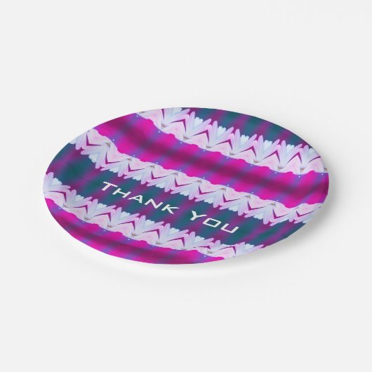 紫スタイリッシュティール（緑がかった色）とピンクパターン（の模様が）ある ペーパープレート (アングル)