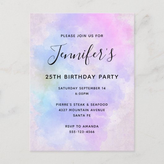 紫スタイリッシュピンクブルーウォーター誕生日 インビテーションポストカード (正面)