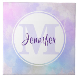 紫スタイリッシュピンク青の水彩モノグラム タイル