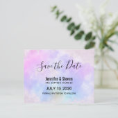 紫スタイリッシュピンク青の水色日付を保存 インビテーションポストカード (スタンド正面)