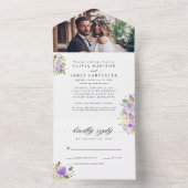 紫スタイリッシュフローラ水彩写真結婚の オールインワン招待状 (内側)