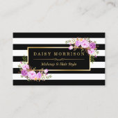 紫スタイリッシュフローラ金ゴールド白黒ストライプ 名刺 (正面)