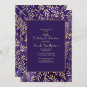 紫スタイリッシュ金ゴールド葉16誕生日 招待状 (正面/裏面)