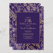 紫スタイリッシュ金ゴールド葉75誕生日 招待状 (正面/裏面)