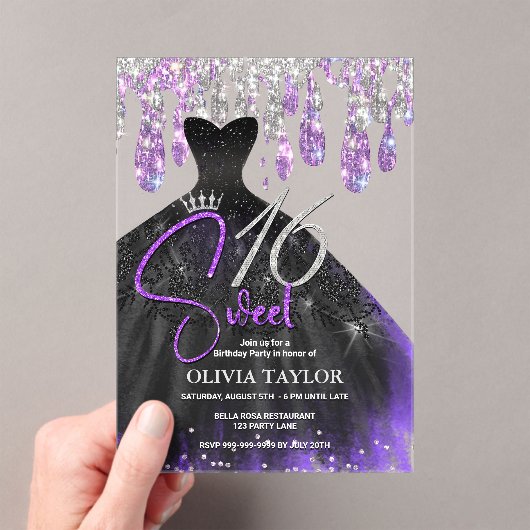 紫スタイリッシュ黒ドレス甘い16モノグラム アクリル招待状 (インサイチュ (ポータブル))