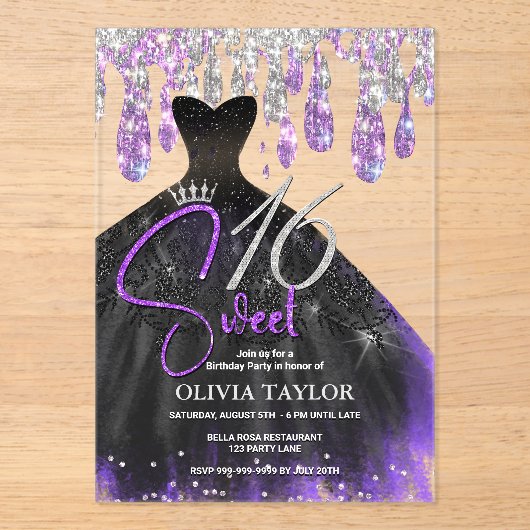 紫スタイリッシュ黒ドレス甘い16モノグラム アクリル招待状 (正面)