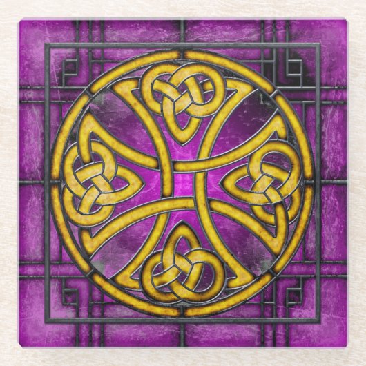 紫ステンドグラス・コースターケルト結び目模様 ガラスコースター (正面)