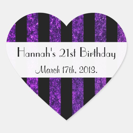 紫ストライプのグリッターストライプ、線、誕生日 ハートシール (正面)