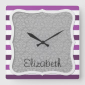 紫ストライプのストライプの、模様、線、名前 スクエア壁時計 (正面)