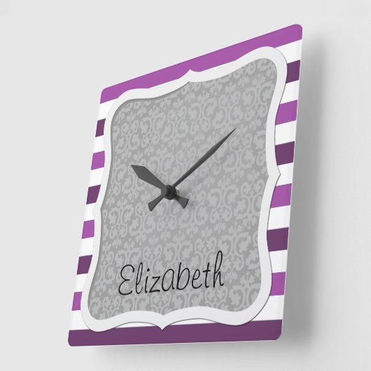 紫ストライプのストライプの、模様、線、名前 スクエア壁時計 (傾斜)