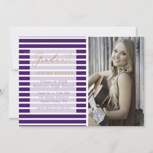 紫ストライプの写真追加の卒業式 案内状 (正面)