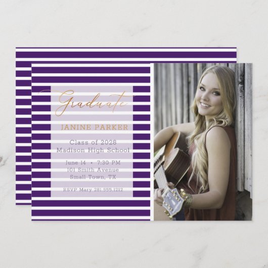 紫ストライプの写真追加の卒業式 案内状 (正面/裏面)