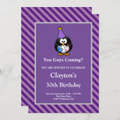 紫ストライプの誕生日パおもしろいーティーを招待 招待状 (正面/裏面)