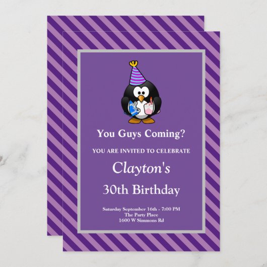 紫ストライプの誕生日パおもしろいーティーを招待 招待状 (正面/裏面)