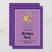 紫ストライプの誕生日パーティー 招待状 (正面/裏面)