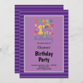 紫ストライプの誕生日パーティー 招待状 (正面/裏面)