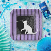 紫ストライプ黒猫と白猫 ペーパープレート (パーティー)