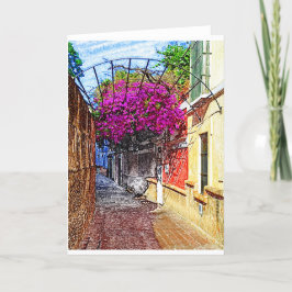 紫スペインのの花を持つ通り カード