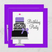 紫ゼブラケーキカップケーキ誕生日パーティーの招待 招待状 (正面/裏面)