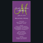 紫ダマスクモノグラム結婚のメニューカード メニュー<br><div class="desc">紫と白のダマスクの結婚式のメニューカードとモノグラムのロゴデザインElke Clarke ©2010.お客様カスタマイズのバックグランドカラーと個人情報を使用しシンプル、結婚式のレセプションで場所を設定するための洗練されたメニューカードを作成。</div>