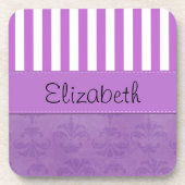 紫ダマスク、紫ストライプのストライプの、お名前 コースター (正面)
