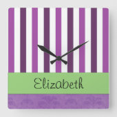 紫ダマスク、紫ストライプのストライプの、お名前 スクエア壁時計 (正面)