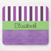 紫ダマスク、紫ストライプのストライプの、お名前 マウスパッド (正面)