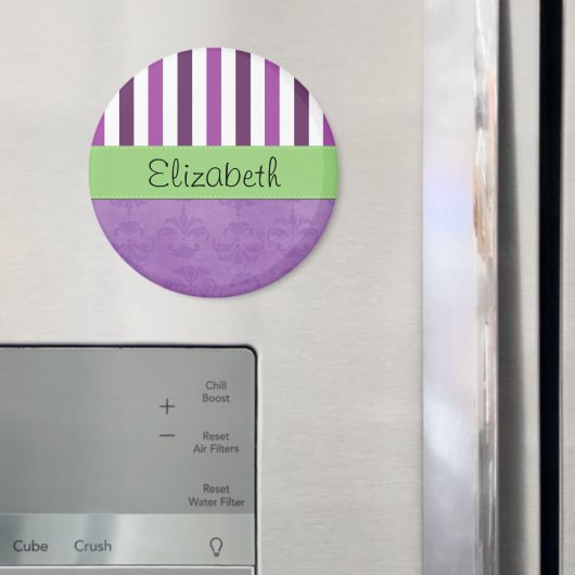 紫ダマスク、紫ストライプのストライプの、お名前 マグネット (インサイチュ (冷蔵庫))
