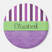 紫ダマスク、紫ストライプのストライプの、お名前 マグネット (正面)