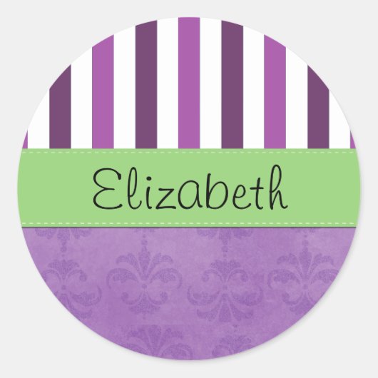 紫ダマスク、紫ストライプのストライプの、お名前 ラウンドシール (正面)