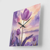 紫チューリップ スクエア壁時計 (傾斜)