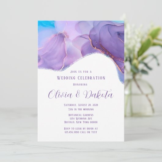 紫ティール（緑がかった色）エーテル結婚アルコールインクの発明 招待状 (スタンド正面)