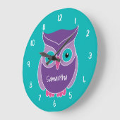 紫ティール(緑がかった色)フクロウパーソナライズされたキッズ ラージ壁時計 (傾斜)