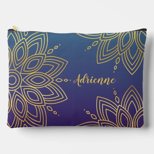 紫ティール（緑がかった色）勾配フェイク金ゴールド曼荼羅 アクセサリーポーチ (正面)