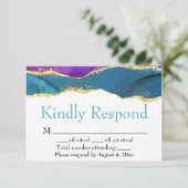 紫ティール（緑がかった色）金ゴールド水彩インクRSVPカード サンキューカード (スタンド正面)