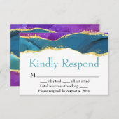 紫ティール（緑がかった色）金ゴールド水彩インクRSVPカード サンキューカード (正面/裏面)