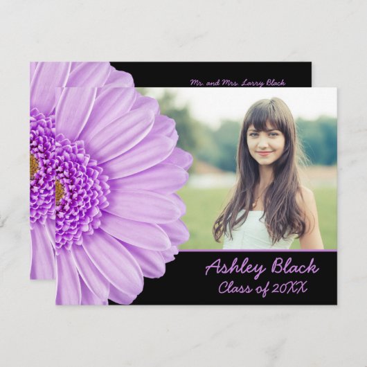 紫デイジー花写真卒業 招待状 (正面/裏面)